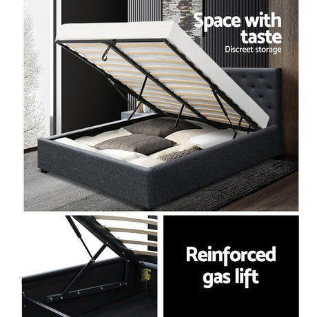 Artiss VILA queen charcoal gas lift bed frame side profile — Allure Home Collections