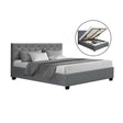 Artiss VILA queen gas lift bed frame in grey faux linen with tufted headboard — full view — Allure Home Collections