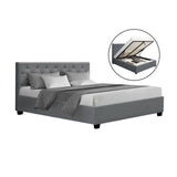 Artiss VILA queen gas lift bed frame in grey faux linen with tufted headboard — full view — Allure Home Collections