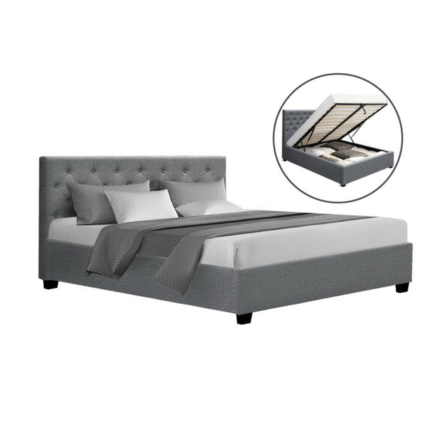 Artiss VILA queen gas lift bed frame in grey faux linen with tufted headboard — full view — Allure Home Collections