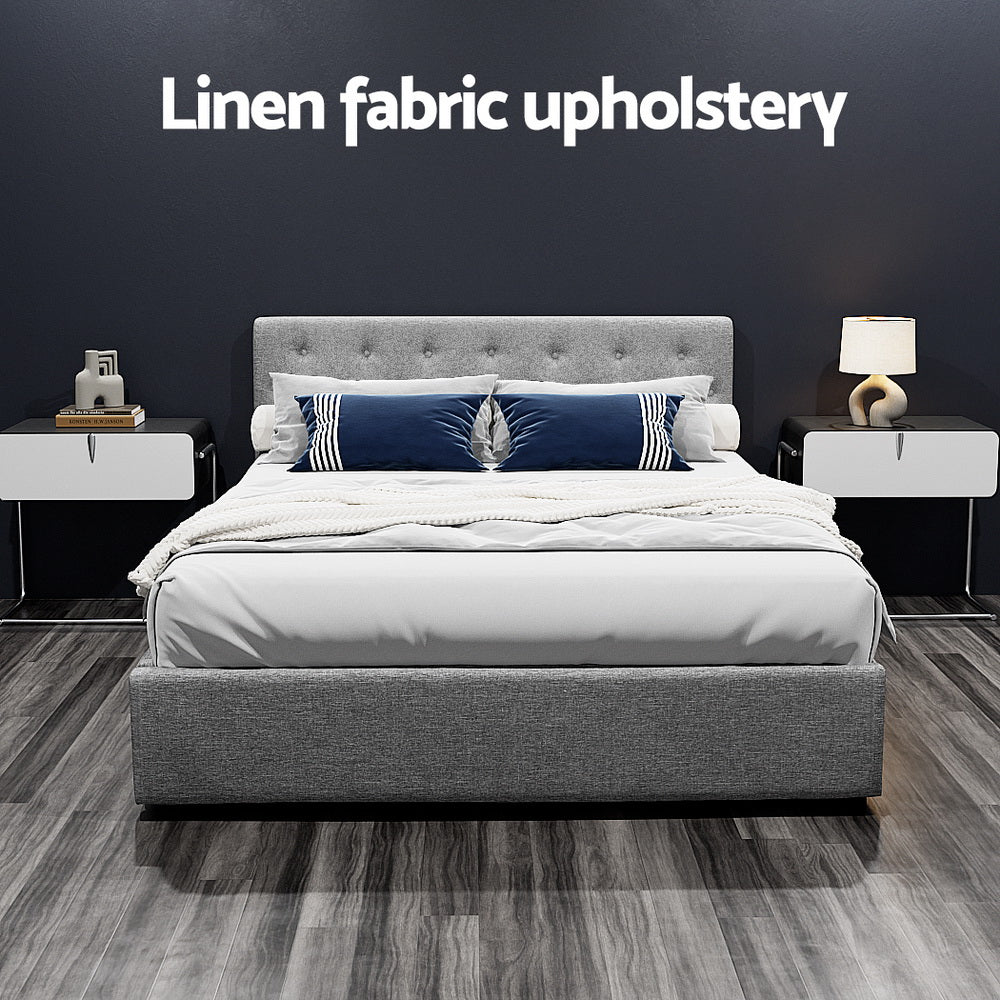 Artiss VILA grey linen queen gas lift bed frame styled in bedroom — Allure Home Collections