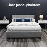 Artiss VILA grey linen queen gas lift bed frame styled in bedroom — Allure Home Collections