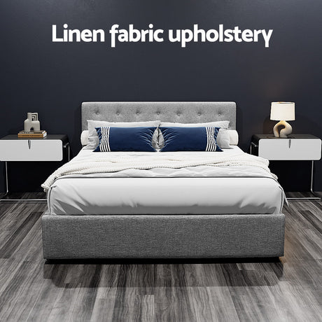 Artiss VILA grey linen queen gas lift bed frame styled in bedroom — Allure Home Collections