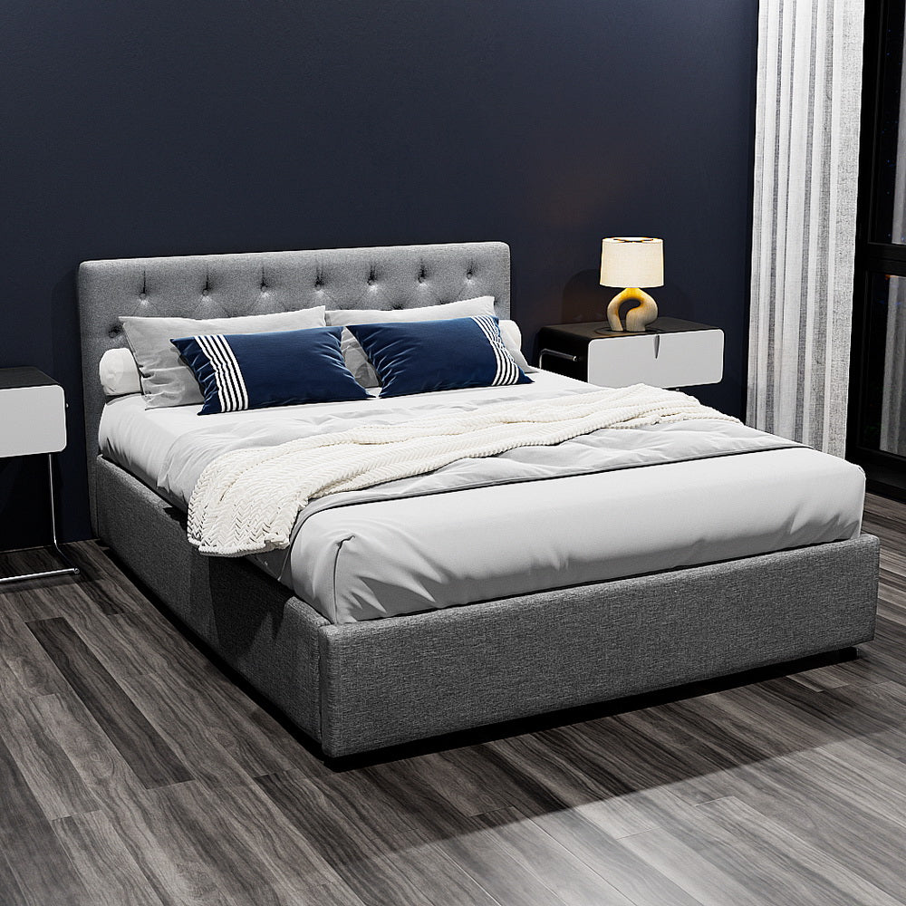Artiss VILA queen grey gas lift bed frame arched slat base detail — Allure Home Collections