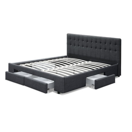 Artiss AVIO charcoal bed frame showing 4 storage drawers open — Allure Home Collections