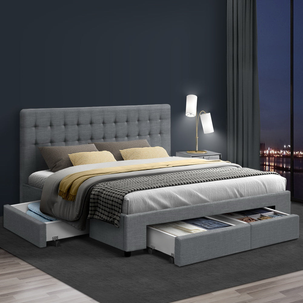 Artiss AVIO king bed frame in grey with 4 storage drawers — full front view — Allure Home Collections