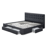 Artiss AVIO queen charcoal bed frame showing 4 drawers open — Allure Home Collections