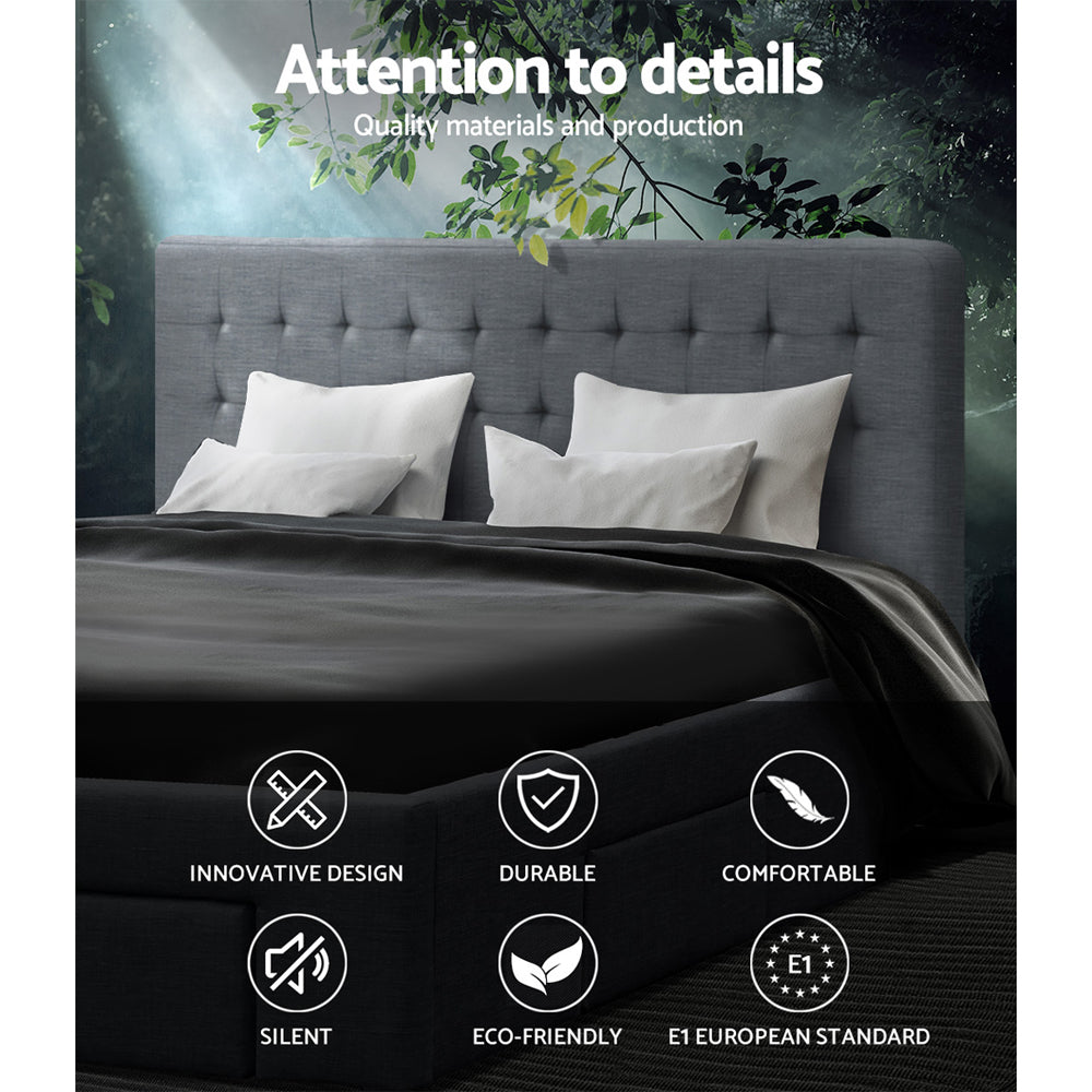 Artiss AVIO queen grey storage bed frame styled in bedroom — Allure Home Collections