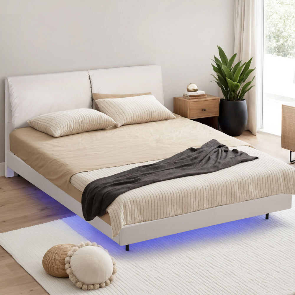 Artiss DAYLIGHT double floating bed frame with RGB LED and adjustable headboard in beige — Allure Home Collections