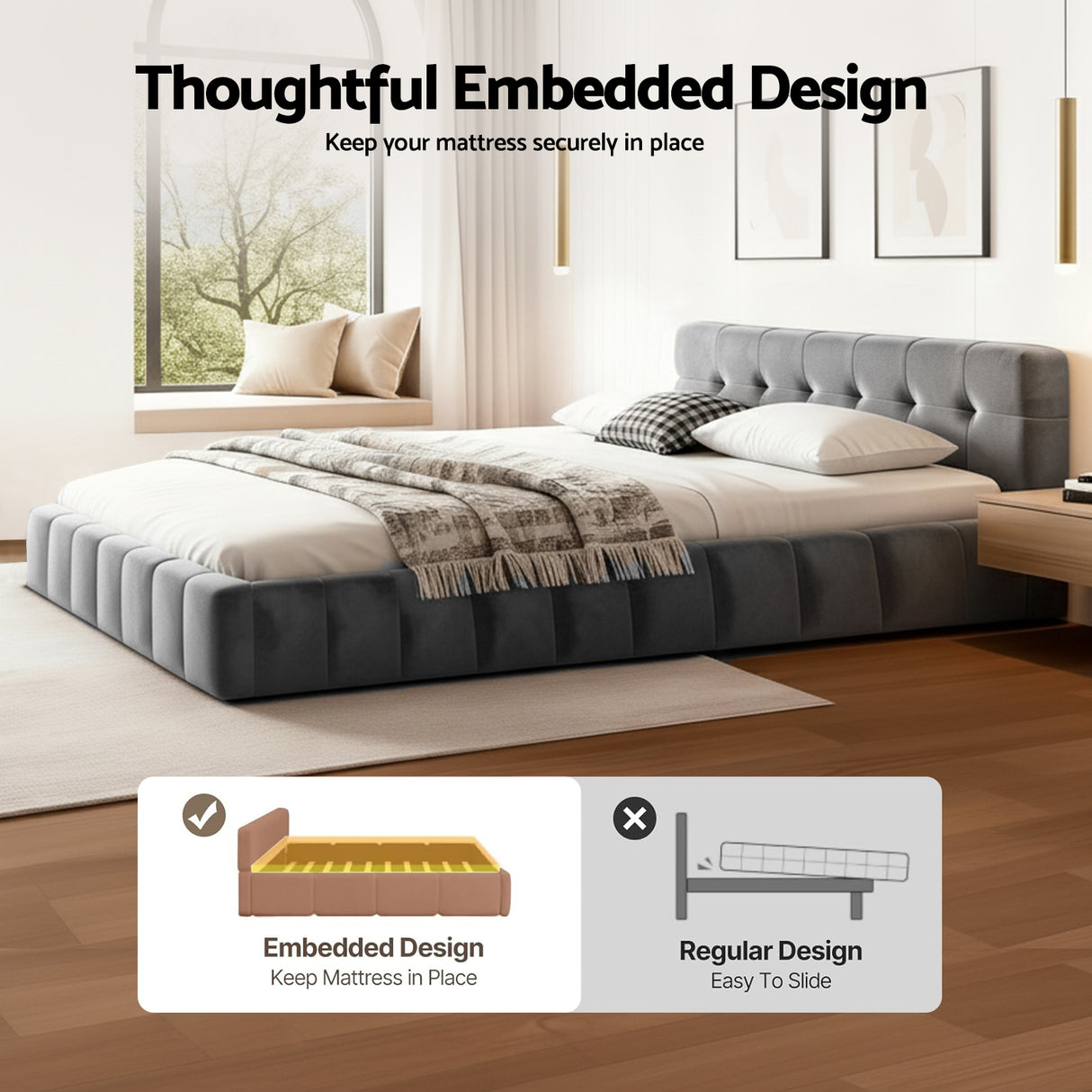 Carmel Double Velvet Bed, Grey, view 5