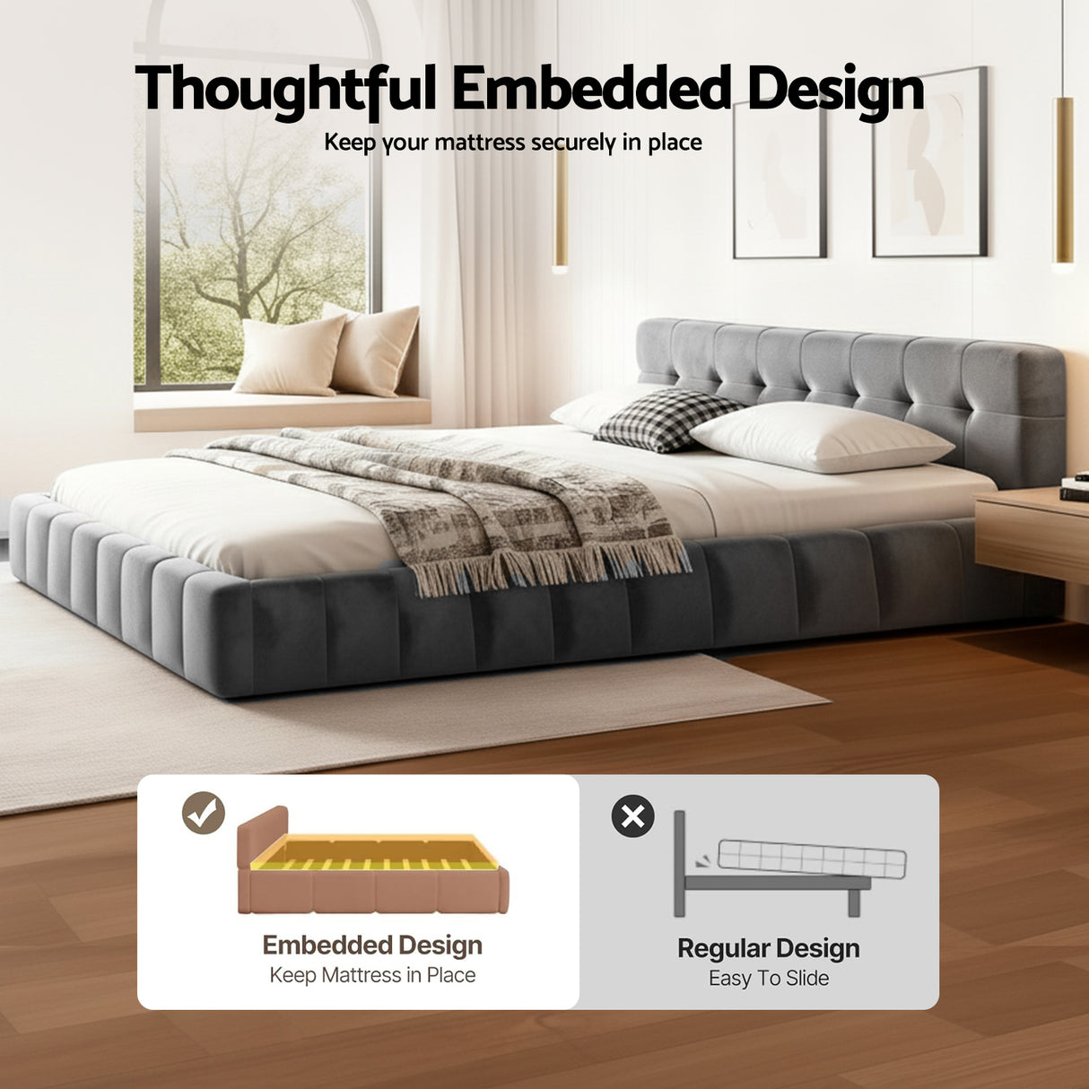 Carmel Queen Velvet Bed, Grey, view 6