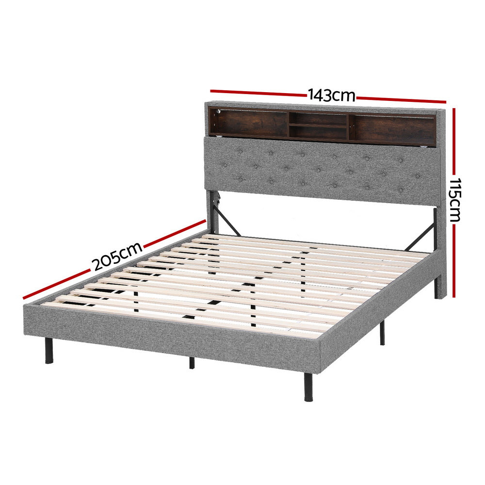 Artiss double grey LED platform storage bed frame showing LVL board slats — Allure Home Collections