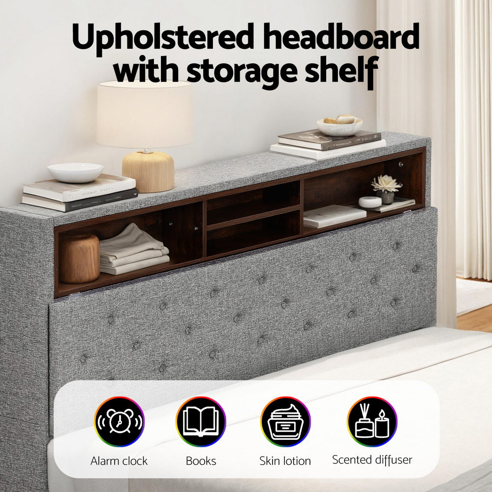 Artiss queen grey LED platform bed frame from foot end — Allure Home Collections