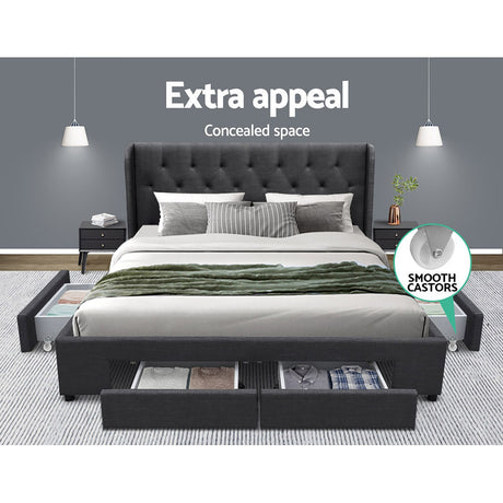 Artiss MILA bed frame showing 4 drawer storage open — Allure Home Collections