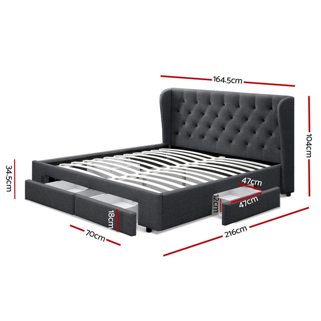 Artiss MILA queen charcoal linen bed frame with 4 storage drawers — full view — Allure Home Collections