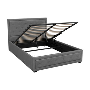 Maroubra double gas lift bed frame in grey faux linen with tufted headboard