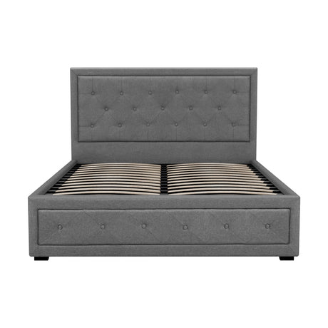 Artiss TIYO grey gas lift double bed frame open showing hidden storage — Allure Home Collections