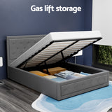 Artiss TIYO grey double gas lift bed frame styled in bedroom — Allure Home Collections