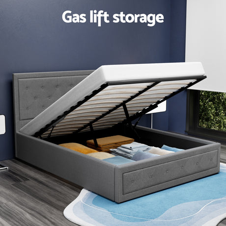 Artiss TIYO grey double gas lift bed frame styled in bedroom — Allure Home Collections