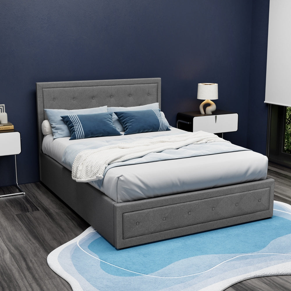 Artiss TIYO double grey gas lift bed frame showing 1-year warranty — Allure Home Collections