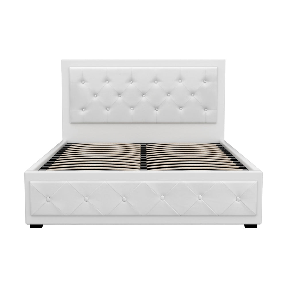 Artiss TIYO white gas lift double bed frame open showing hidden storage — Allure Home Collections