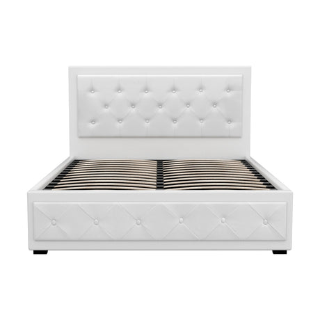 Artiss TIYO white gas lift double bed frame open showing hidden storage — Allure Home Collections