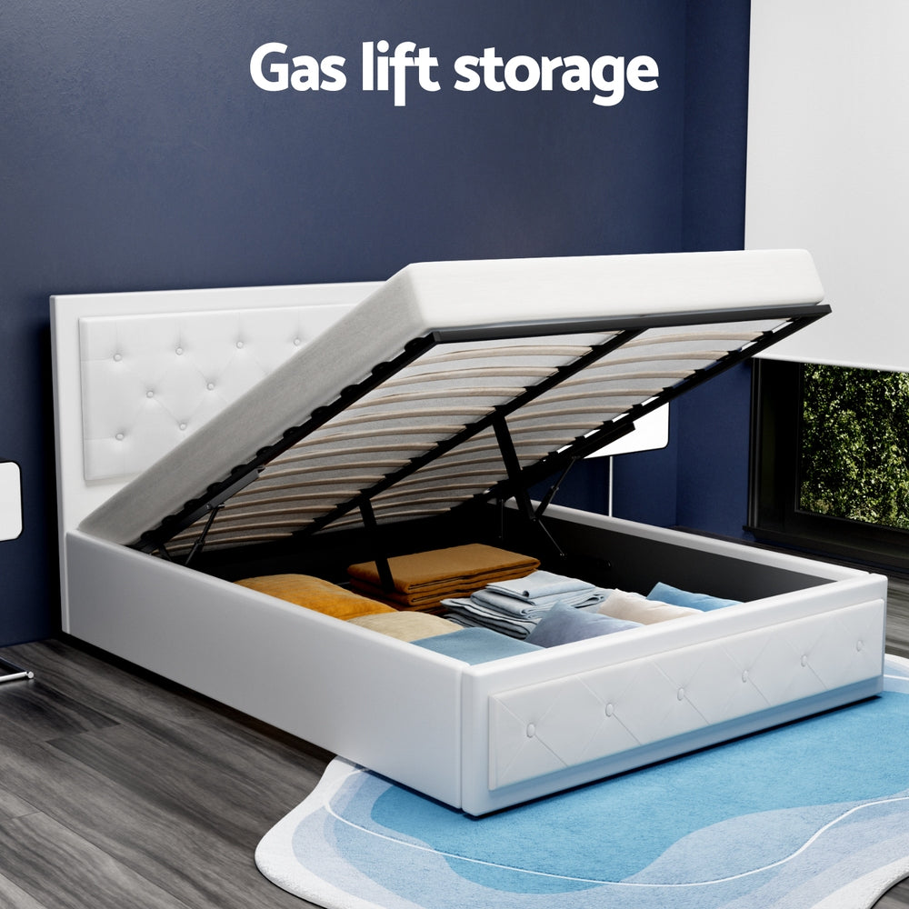 Artiss TIYO white double gas lift bed frame styled in bedroom — Allure Home Collections