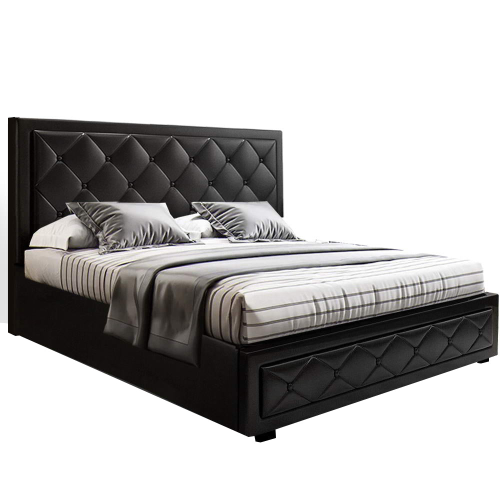 Artiss TIYO double black gas lift bed frame showing 190 x 137cm mattress fit — Allure Home Collections