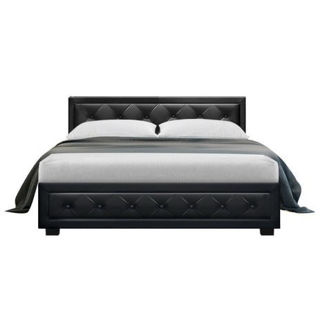Artiss TIYO black gas lift double bed frame open showing hidden storage — Allure Home Collections