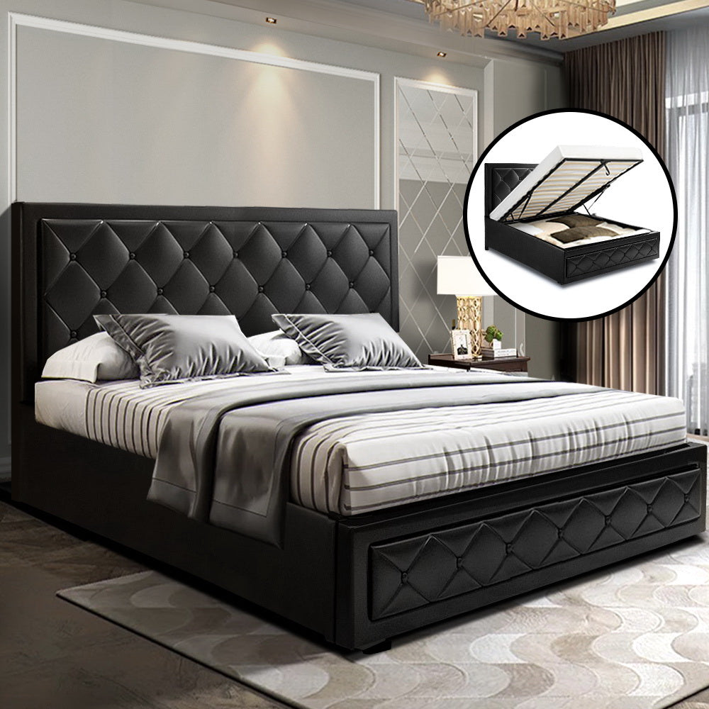 Artiss TIYO double black PVC gas lift bed frame showing 300kg capacity — Allure Home Collections