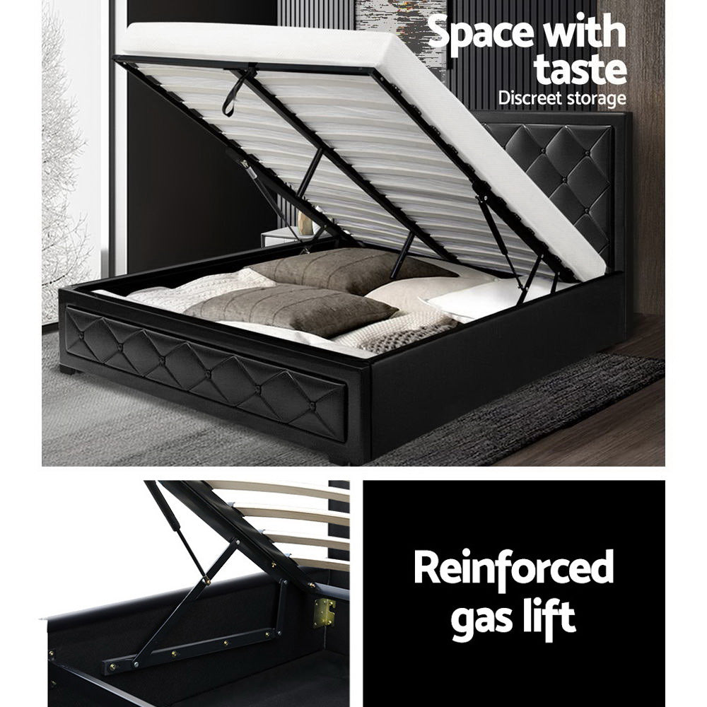 Artiss TIYO black PVC queen gas lift bed frame styled in bedroom — Allure Home Collections