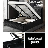 Artiss TIYO black PVC queen gas lift bed frame styled in bedroom — Allure Home Collections