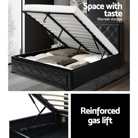 Artiss TIYO black PVC queen gas lift bed frame styled in bedroom — Allure Home Collections