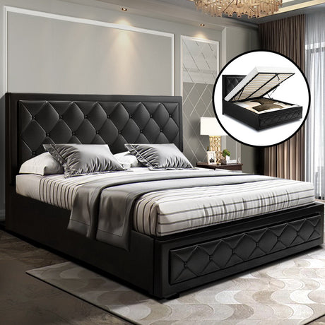 Artiss TIYO queen black PVC gas lift bed frame showing plywood slat base — Allure Home Collections