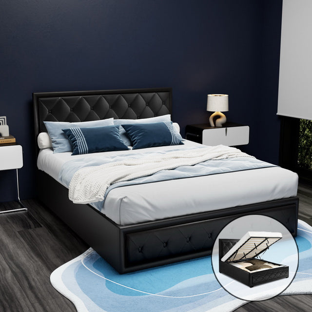 Artiss TIYO queen gas lift bed frame in black PVC leather — full front view — Allure Home Collections