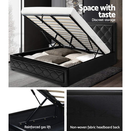 Artiss TIYO gas lift bed frame open showing hidden storage compartment — Allure Home Collections