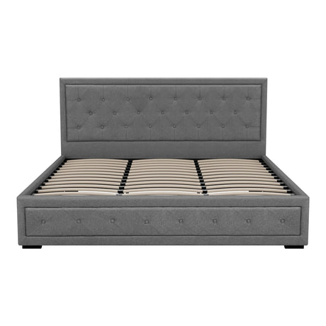 Artiss TIYO gas lift grey bed frame open showing hidden storage — Allure Home Collections