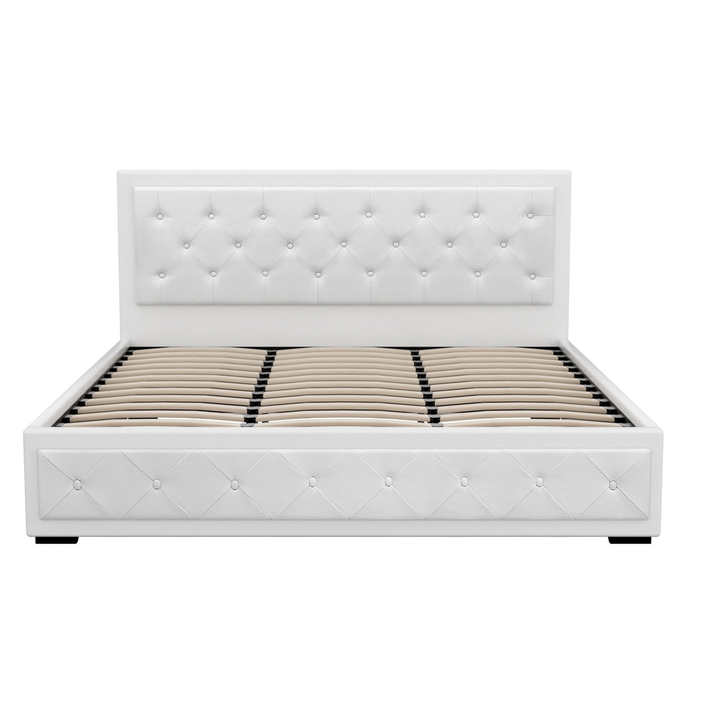 Artiss TIYO gas lift white bed frame open showing hidden storage — Allure Home Collections