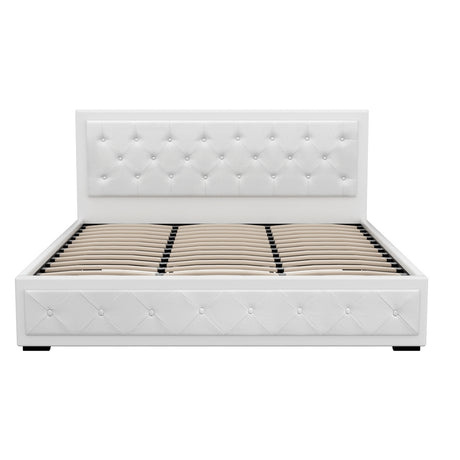 Artiss TIYO gas lift white bed frame open showing hidden storage — Allure Home Collections