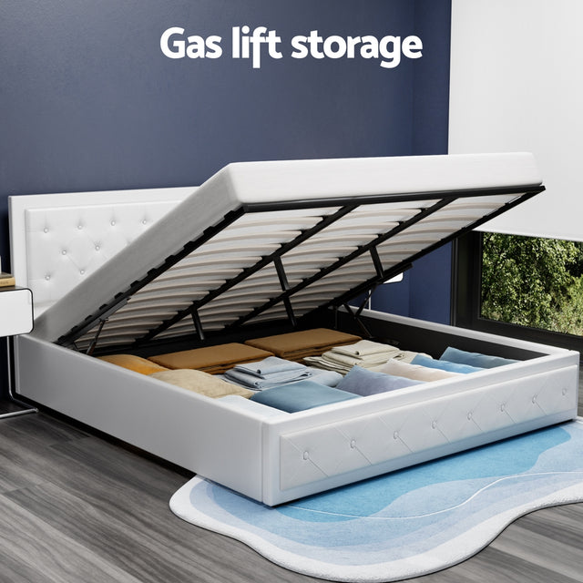 Artiss TIYO king gas lift bed frame in white PVC leather — full front view — Allure Home Collections