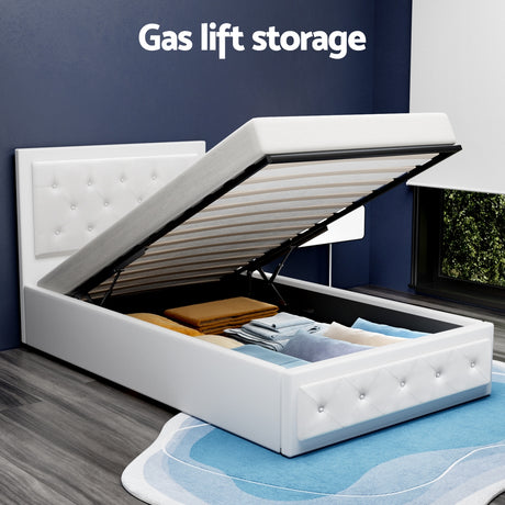 Artiss TIYO white gas lift king single bed frame open showing hidden storage — Allure Home Collections