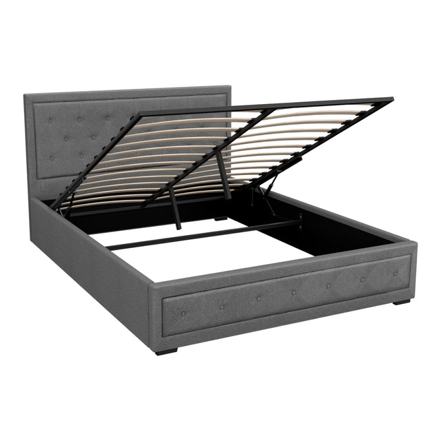 Artiss TIYO queen gas lift bed frame in grey faux linen — full front view — Allure Home Collections