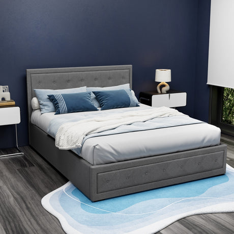 Artiss TIYO queen grey gas lift bed frame showing 300kg capacity — Allure Home Collections
