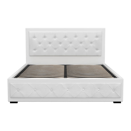 Artiss TIYO gas lift bed frame open showing hidden storage — Allure Home Collections