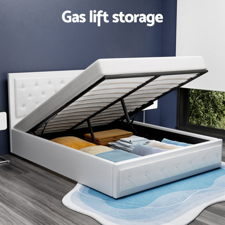 Artiss TIYO white gas lift queen bed frame styled in bedroom — Allure Home Collections