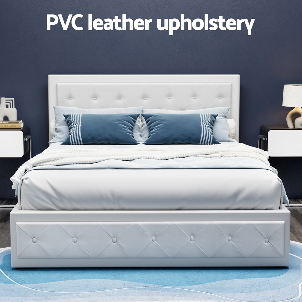 Artiss TIYO queen white PVC leather bed frame from foot end — Allure Home Collections