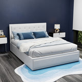 Artiss TIYO white gas lift bed frame side profile showing storage depth — Allure Home Collections