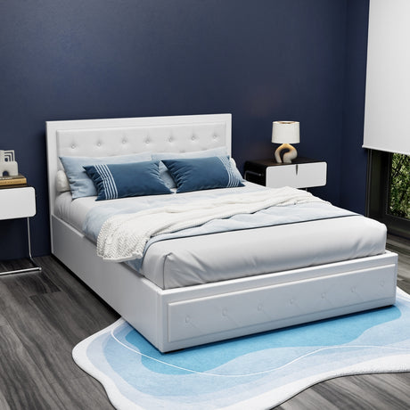 Artiss TIYO white gas lift bed frame side profile showing storage depth — Allure Home Collections