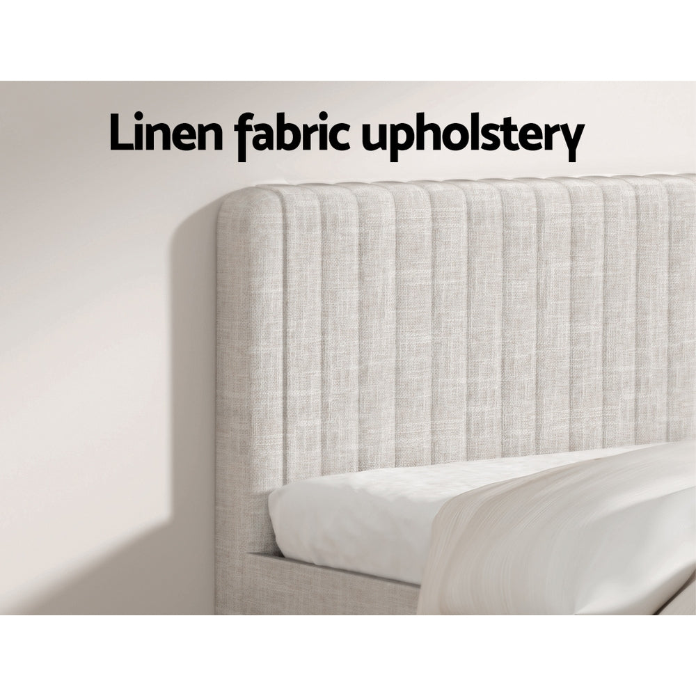 Artiss AMMY queen beige bed frame from foot end showing full proportions — Allure Home Collections