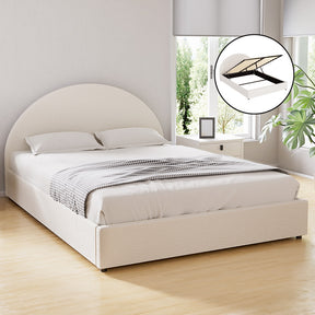 Balmain double gas lift bed in beige boucle with a padded bedhead and hidden storage in a bedroom
